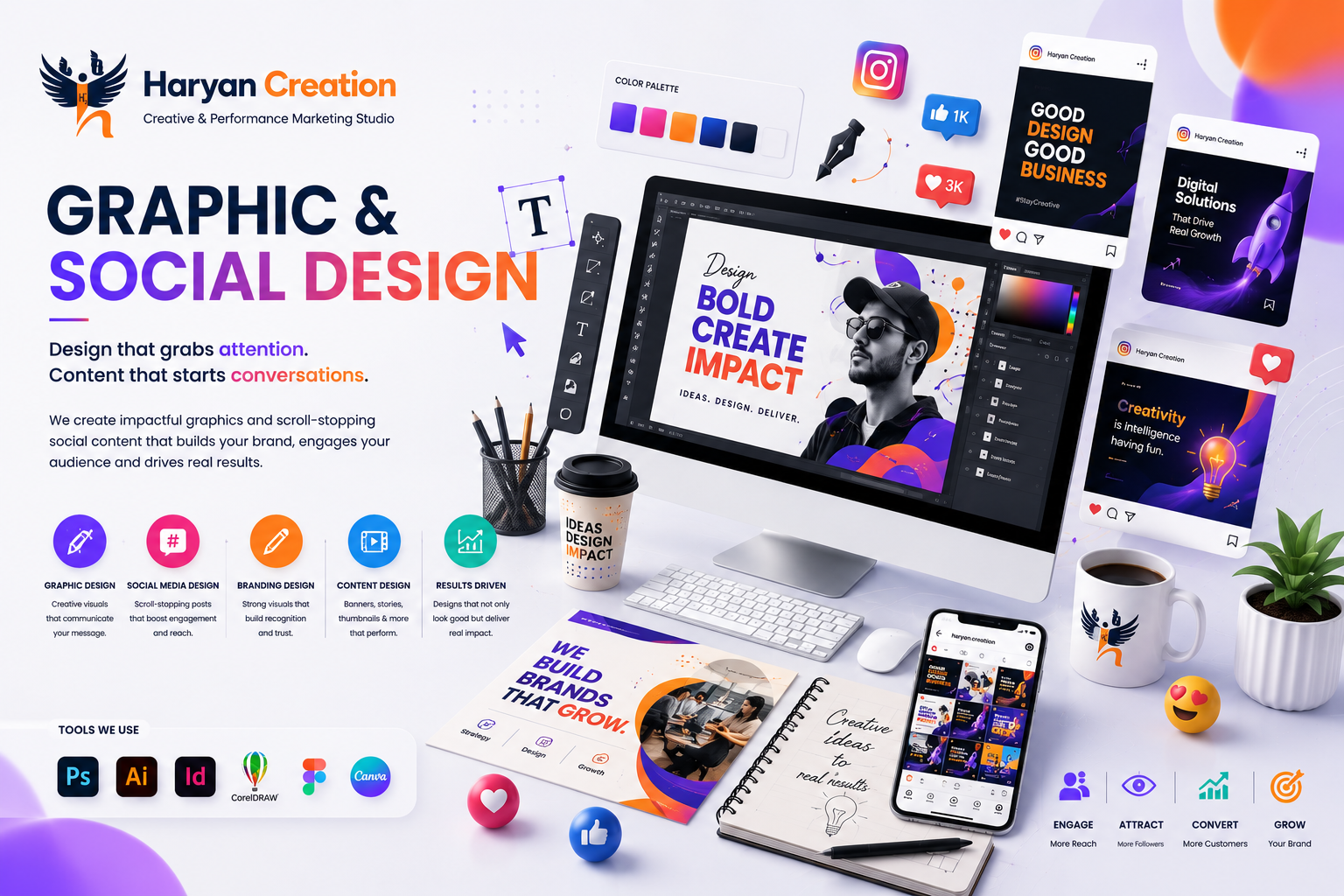 Creative graphic design and social media visuals by Haryan Creation designed to strengthen brand identity, engage audiences and create a consistent digital presence.
