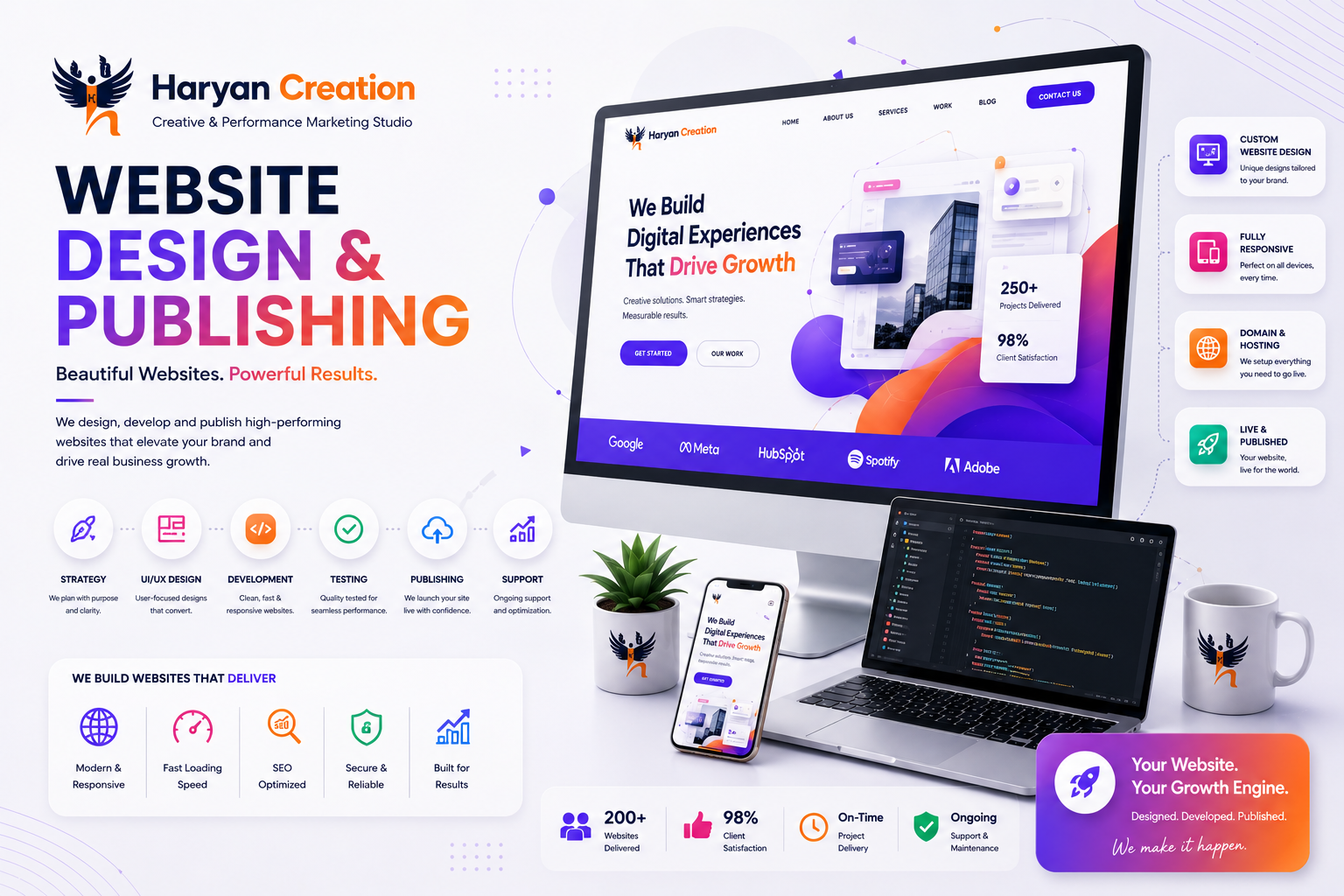 Modern website design and publishing services by Haryan Creation, creating professional, user-friendly and responsive websites for businesses and brands.