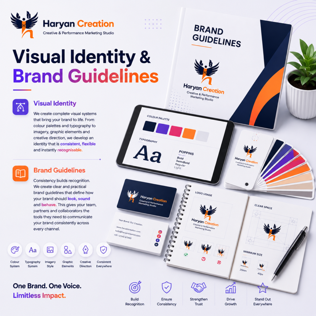 Visual identity and brand guideline design by Haryan Creation, including colour palettes, typography, imagery and brand standards.