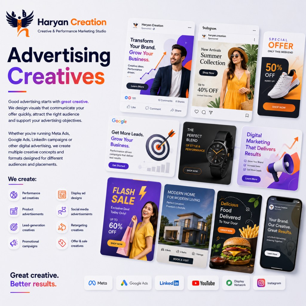 Creative advertising designs by Haryan Creation for Meta Ads, Google Ads, LinkedIn campaigns, lead generation, promotions and digital marketing campaigns.