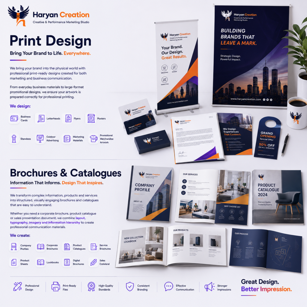 Professional print design, brochures and catalogues by Haryan Creation for business communication, marketing and promotional materials.