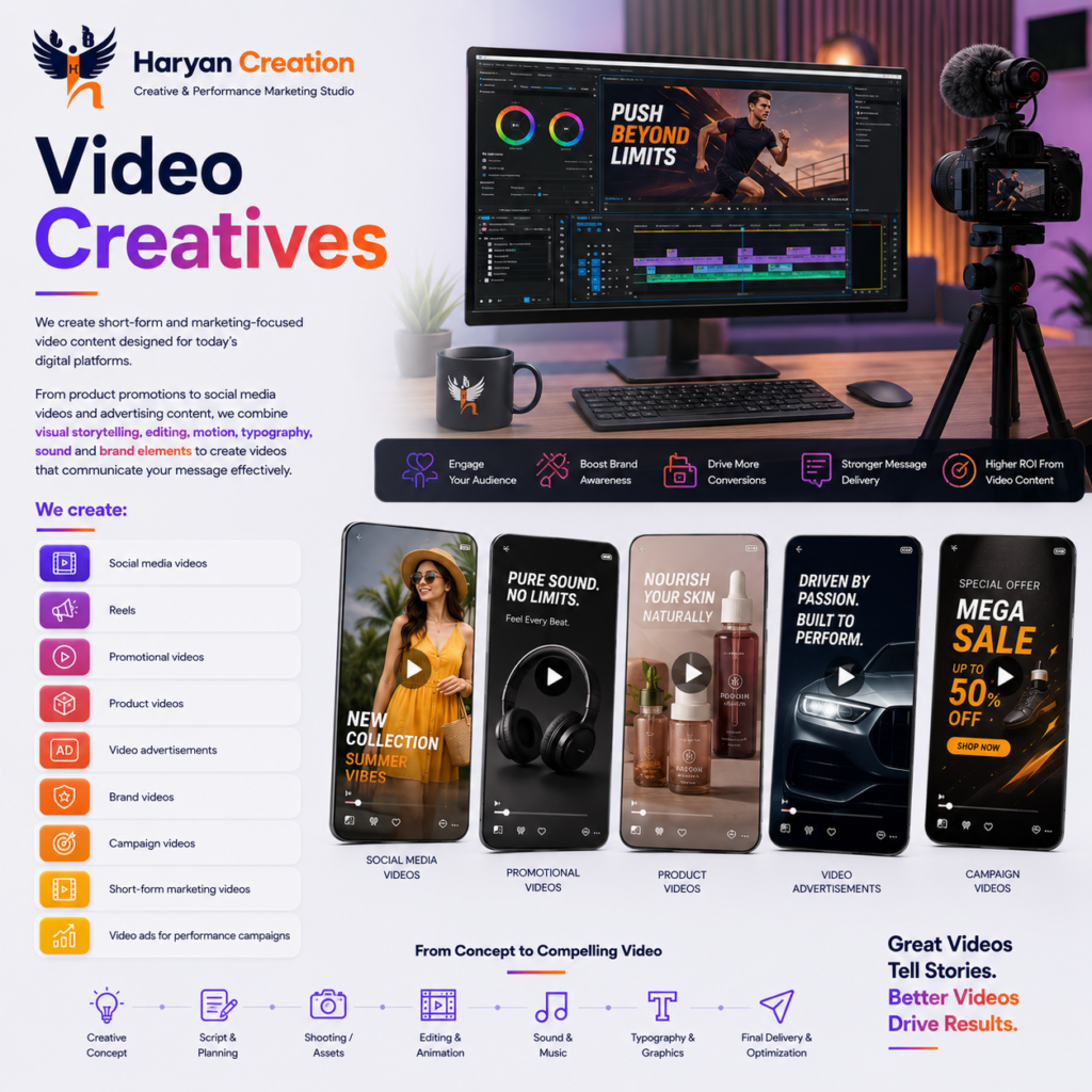 Short-form video and marketing creatives by Haryan Creation for social media, product promotions, brand campaigns and performance advertising.
