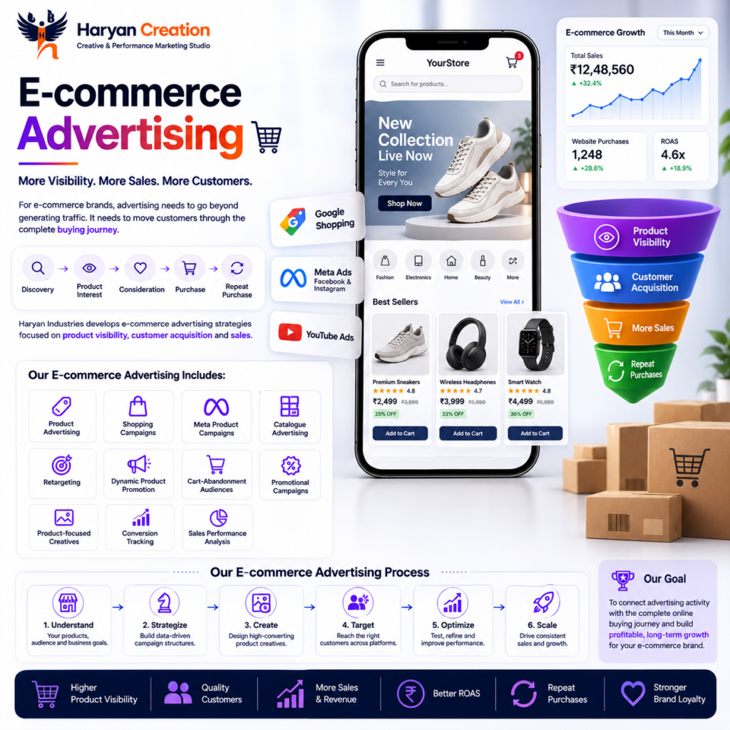 E-commerce advertising campaigns by Haryan Creation focused on product visibility, customer acquisition, conversions and online sales growth.