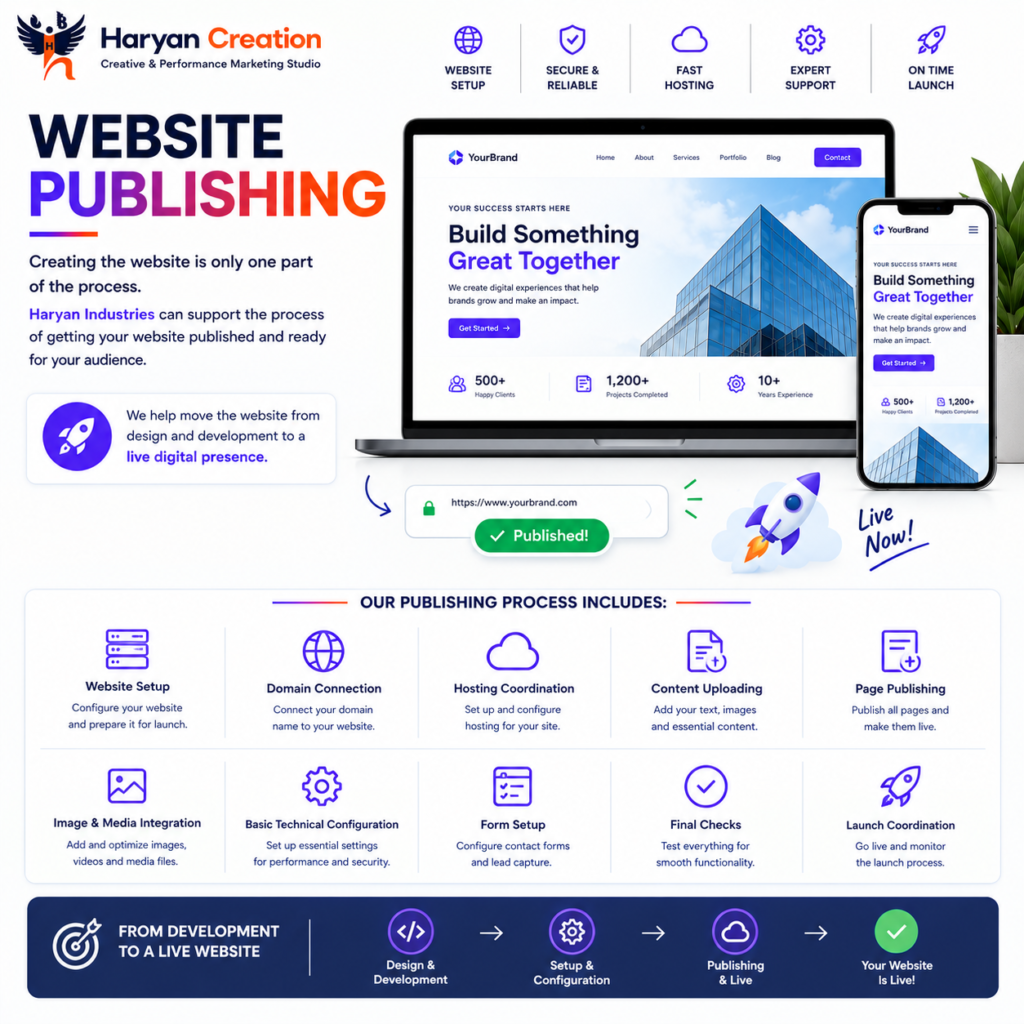 Website publishing and launch support by Haryan Creation, including domain connection, hosting coordination, content upload, forms and final website checks.