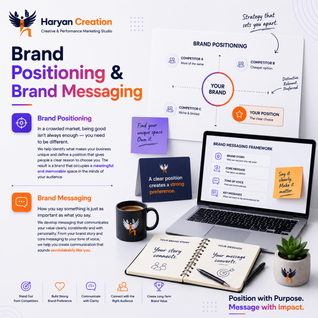 Brand positioning and messaging strategy by Haryan Creation to help businesses differentiate themselves, communicate their value and connect with the right audience.