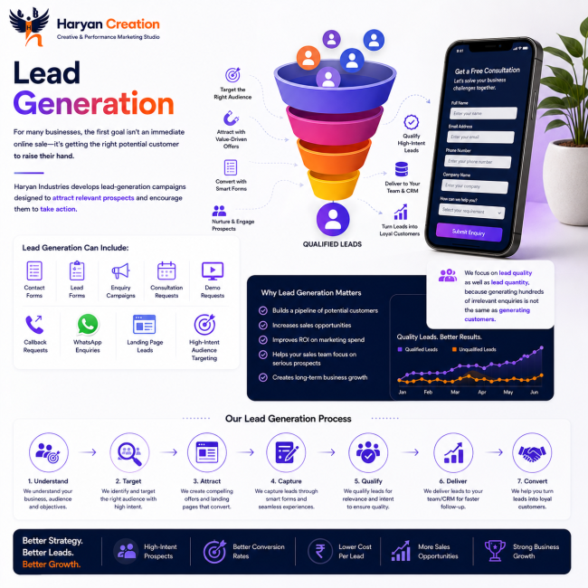 Lead generation campaigns by Haryan Creation designed to attract qualified prospects through forms, landing pages, WhatsApp enquiries and targeted digital advertising.