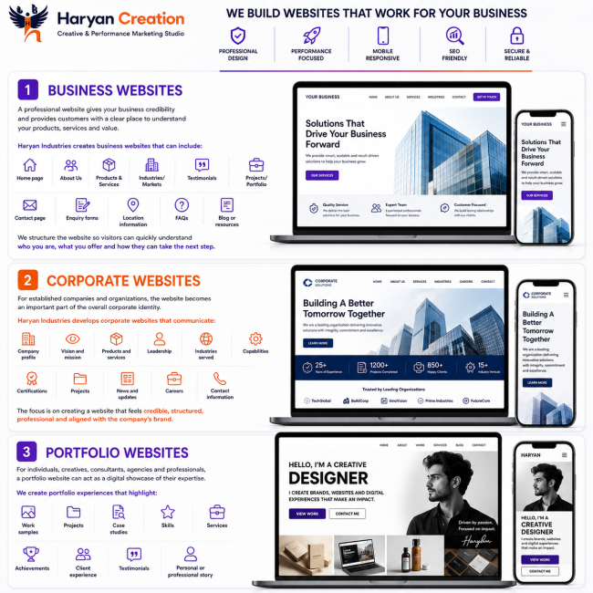 Professional business, corporate and portfolio website design by Haryan Creation for brands, companies, professionals and creative businesses.