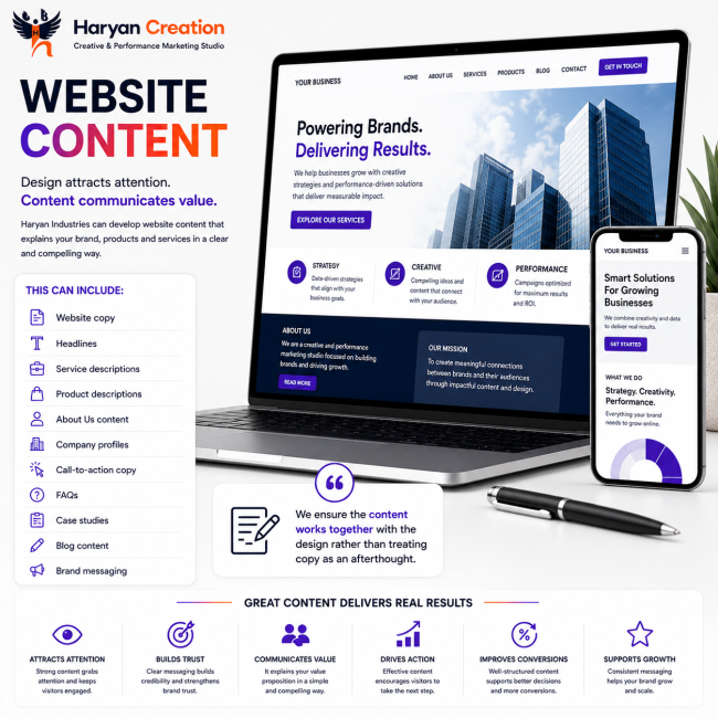 Professional website content and copywriting by Haryan Creation for brand messaging, service pages, product descriptions and business websites.