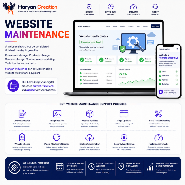 Website maintenance and ongoing support by Haryan Creation, including content updates, troubleshooting, website checks, software updates, backups and performance monitoring.
